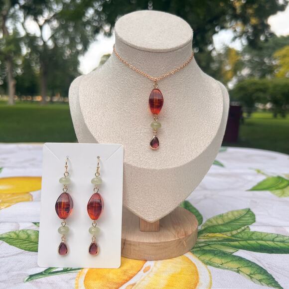 Amber Garnet Wine Red Crystal Glass Cantaloupe Fruit Green Casual Jewelry Set - Picture 1 of 6